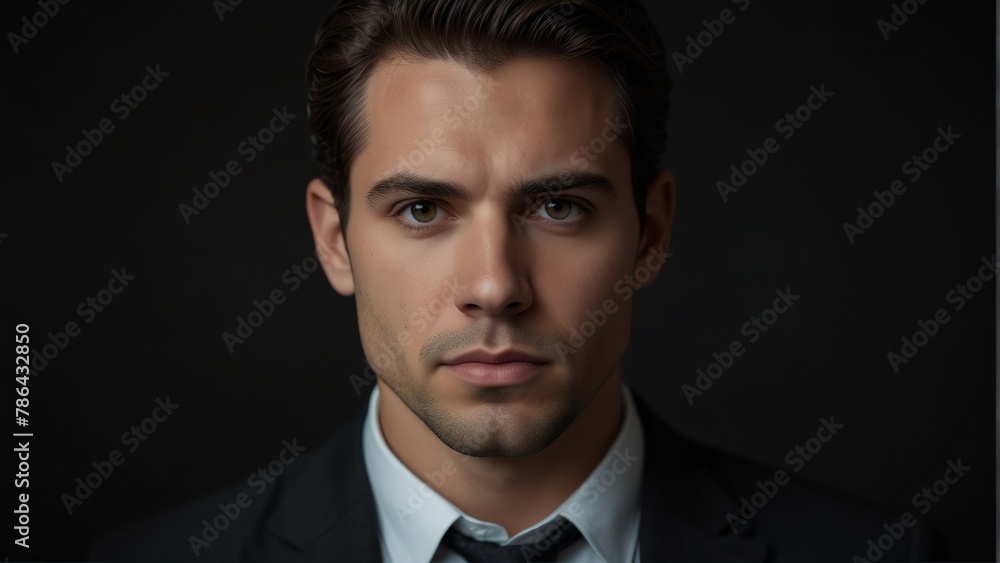 handsome lawyer looking at camera serious on dark plain black background from Generative AI handsome lawyer looking at camera serious on dark plain black background from Generative AI
