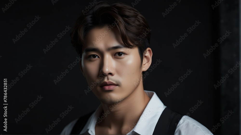 handsome korean idol looking at camera serious on dark plain black background from Generative AI handsome korean idol looking at camera serious on dark plain black background from Generative AI