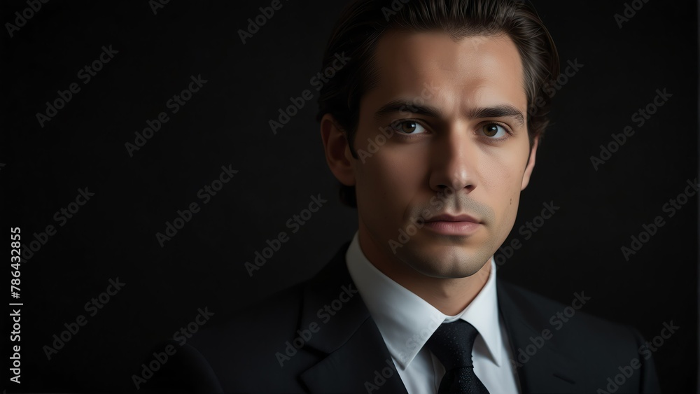 handsome lawyer looking at camera serious on dark plain black background from Generative AI handsome lawyer looking at camera serious on dark plain black background from Generative AI