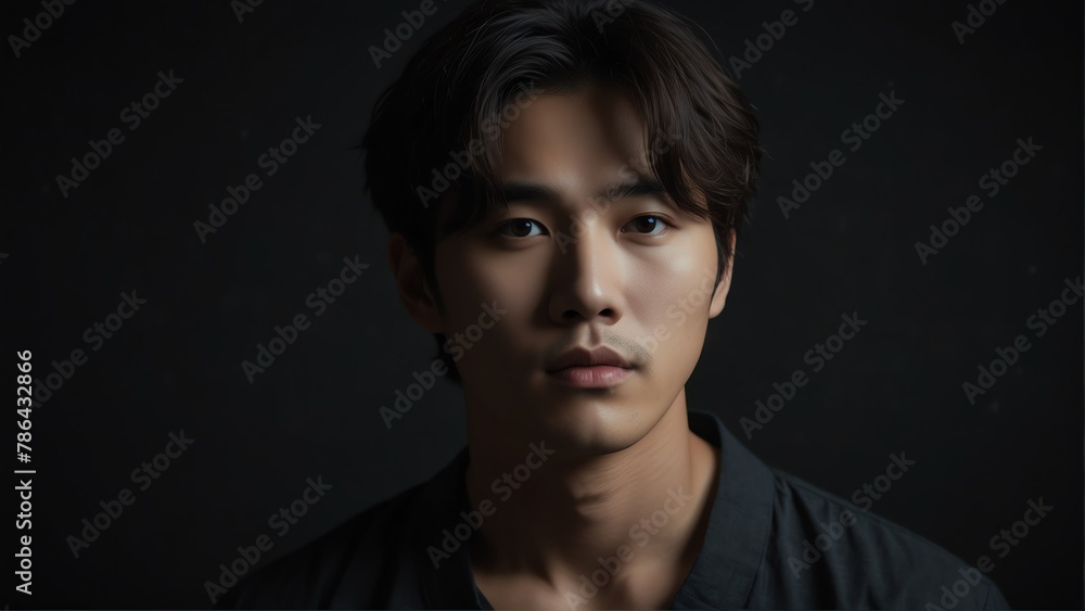 handsome korean idol looking at camera serious on dark plain black background from Generative AI handsome korean idol looking at camera serious on dark plain black background from Generative AI