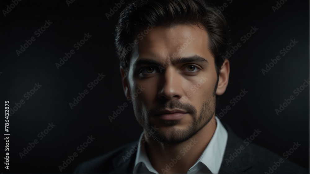handsome man looking at camera serious on dark plain black background from Generative AI