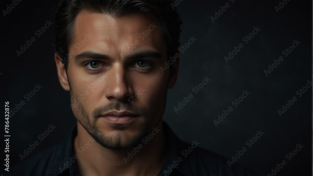 handsome man looking at camera serious on dark plain black background from Generative AI