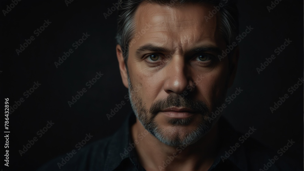 handsome middle aged man looking at camera serious on dark plain black background from Generative AI