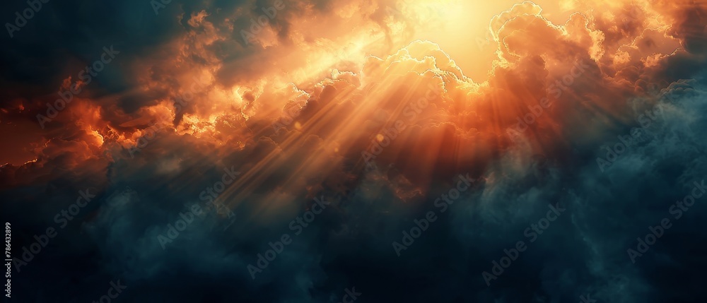 At sunset, sun beams break through the dark clouds. Hope, prayer, and God's mercy and grace. Beautiful spectacular conceptual background.