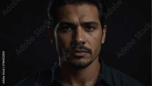 handsome hispanic man looking at camera serious on dark plain black background from Generative AI