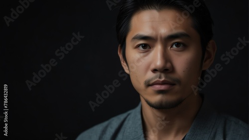 handsome japanese man looking at camera serious on dark plain black background from Generative AI