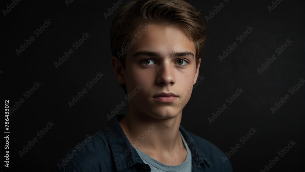 handsome teenager looking at camera serious on dark plain black background from Generative AI handsome teenager looking at camera serious on dark plain black background from Generative AI