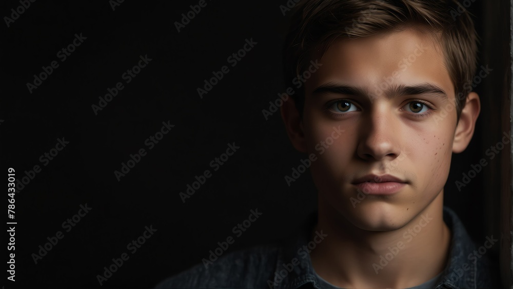Fototapeta premium handsome teenager looking at camera serious on dark plain black background from Generative AI