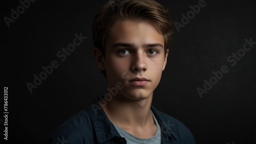 handsome teenager looking at camera serious on dark plain black background from Generative AI
