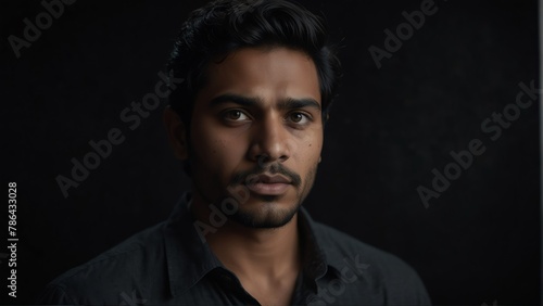 handsome south asian man looking at camera serious on dark plain black background from Generative AI