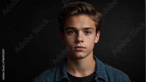 handsome teenager looking at camera serious on dark plain black background from Generative AI