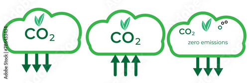 Reduce co2 gas icon set. carbon reduction cloud sign. cut c02 pictogram. zero carbon emission. zero greenhouse gas low co2 logo. cut carbon bubble vector. line Stock vector in black and green collecti