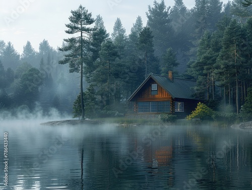 A peaceful lakeside cabin nestled among tall pine trees, with a gentle mist rising from the water's surface idyllic retreat Soft, diffused lighting envelops the scene in a dreamlike haze, transporting © Cool Patterns