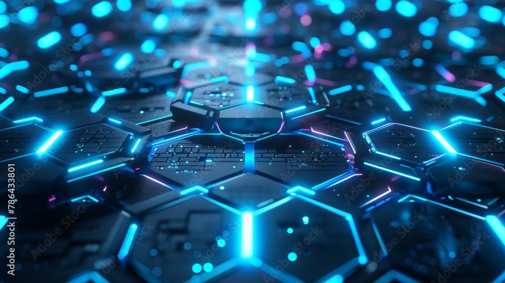 Obraz premium Hexagonal abstract background, depth of field effect. Futuristic cellular 3d panel with hexagons and neon light.