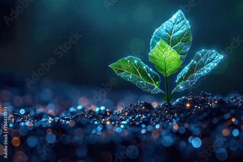 A marrow sprout biotechnology. Genomic engineering vitamin supplement for seedlings. Abstract illustration isolated on a dark blue background. Medical science life eco. Low poly wireframe mesh