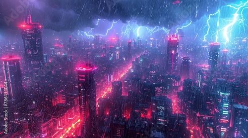 dystopian Synthwave cityscape in the midst of a storm, with neon-lit rain and cybernetic lightning
