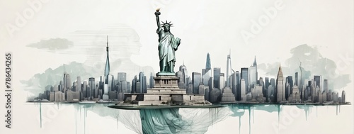 Double exposure minimalist artwork collage illustration featuring the Statue of Liberty and the New York cityscape.