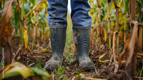 Rubber boot clad farmer in a corn maize field