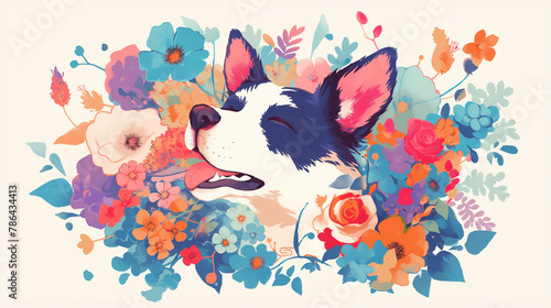 Cachorro fofo e flores no fundo branco - Ilustração  photo