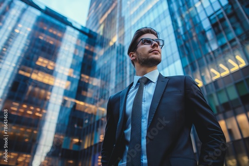 A man with glasses, a successful businessman in a business suit against the background of a modern glass building