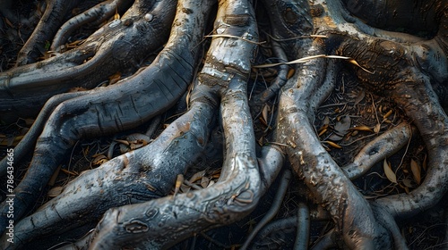 Intertwined Roots Firmly Gripping the Earthy Terrain,Showcasing Their Intricate Patterns and Innate Strength