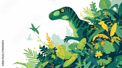 Dinossauro e plantas verdes no fundo branco - Ilustração © Vitor