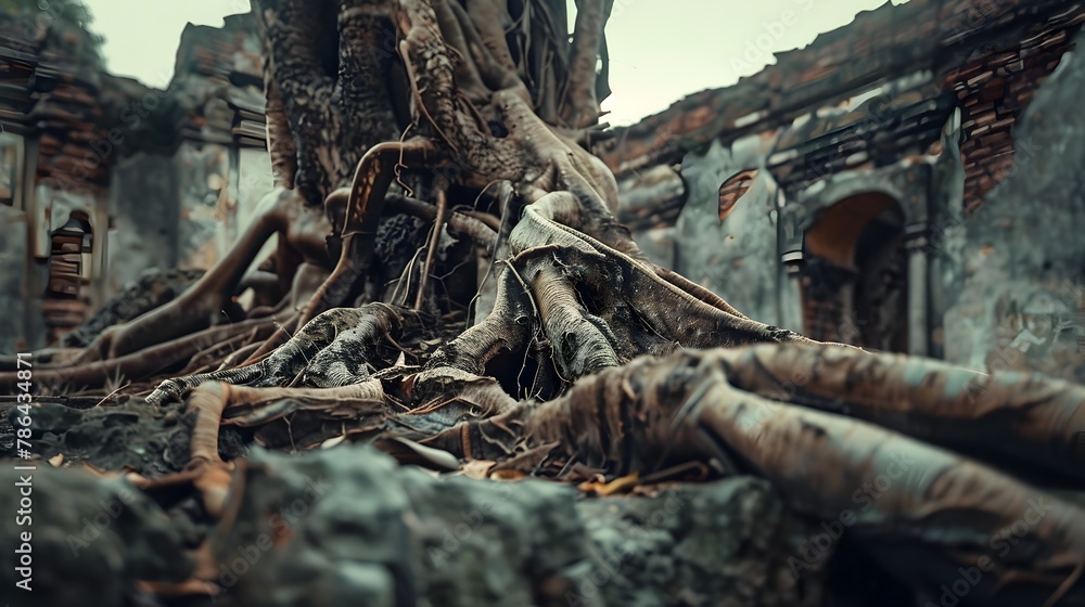 Ancient Tree Roots Overtaking Abandoned Ruins,Blending Nature and History Ancient Tree Roots Overtaking Abandoned Ruins,Blending Nature and History