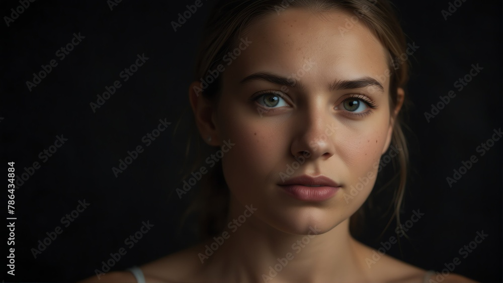 Obraz premium beautiful caucasian woman looking at camera serious on dark plain black background from Generative AI
