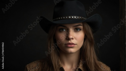 beautiful cowboy woman looking at camera serious on dark plain black background from Generative AI © Arceli
