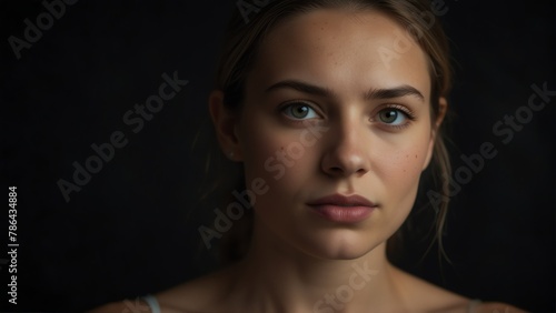 beautiful caucasian woman looking at camera serious on dark plain black background from Generative AI