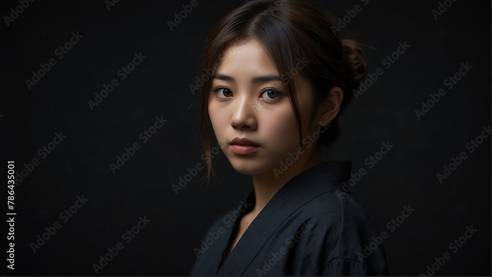 beautiful japanese girl looking at camera serious on dark plain black background from Generative AI