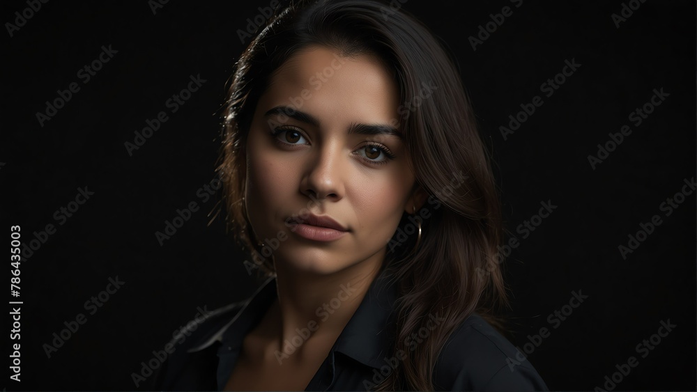 Fototapeta premium beautiful hispanic woman looking at camera serious on dark plain black background from Generative AI