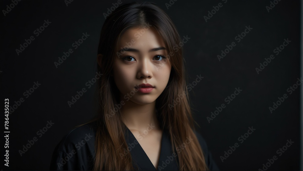 beautiful japanese girl looking at camera serious on dark plain black background from Generative AI beautiful japanese girl looking at camera serious on dark plain black background from Generative AI