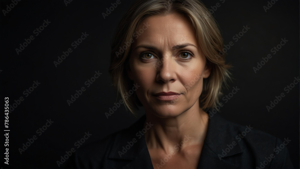 beautiful middle aged woman looking at camera serious on dark plain black background from Generative AI