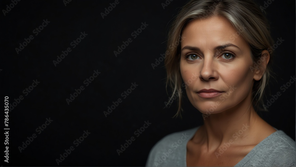 beautiful middle aged woman looking at camera serious on dark plain black background from Generative AI beautiful middle aged woman looking at camera serious on dark plain black background from Generative AI