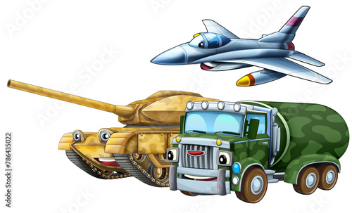 cartoon scene with two military army cars vehicles and flying jet fighter plane theme isolated background illustration for children