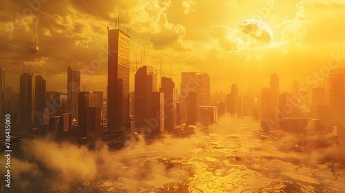 Dystopian Cityscape Under Scorching Sunlight:A Surreal Vision of Global Warming's Impact on Urban Landscapes