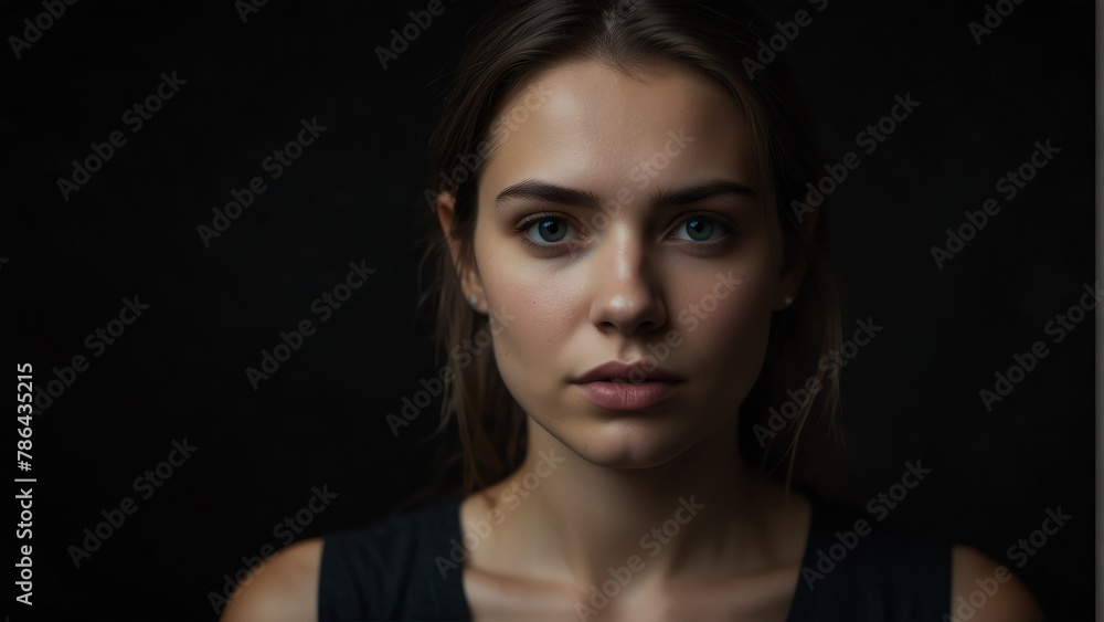 beautiful woman looking at camera serious on dark plain black background from Generative AI beautiful woman looking at camera serious on dark plain black background from Generative AI