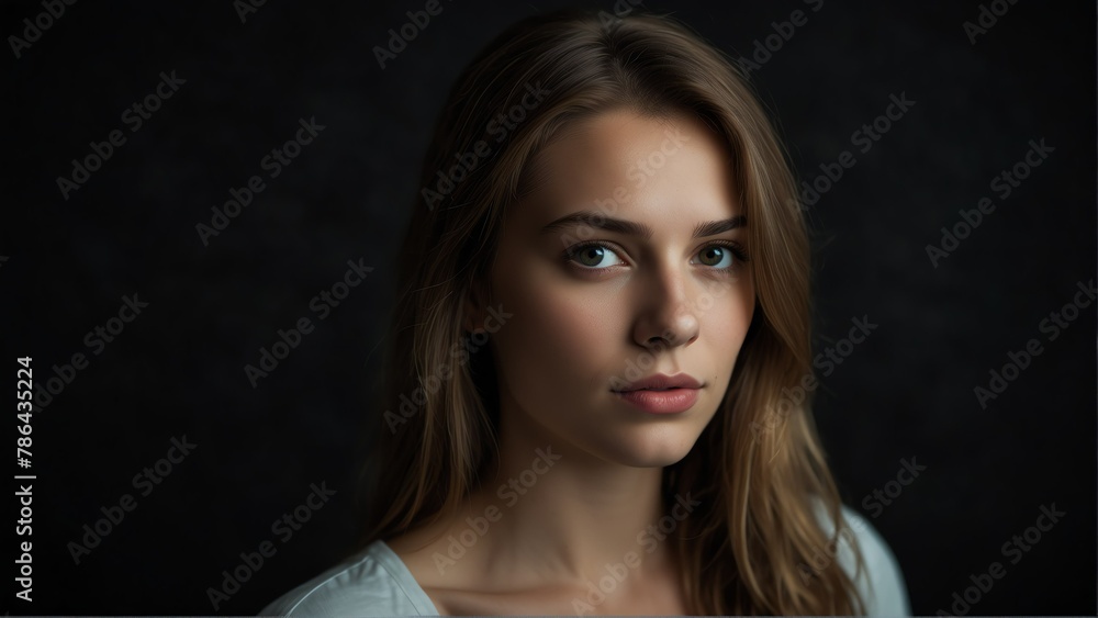 beautiful woman looking at camera serious on dark plain black background from Generative AI beautiful woman looking at camera serious on dark plain black background from Generative AI