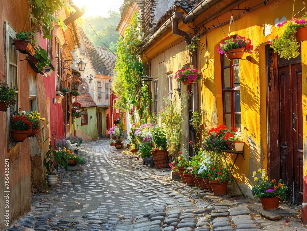 A quaint cobblestone alleyway lined with historic buildings, adorned with colorful flower baskets old-world charm Soft, golden lighting bathes the scene in a nostalgic glow, evoking a sense