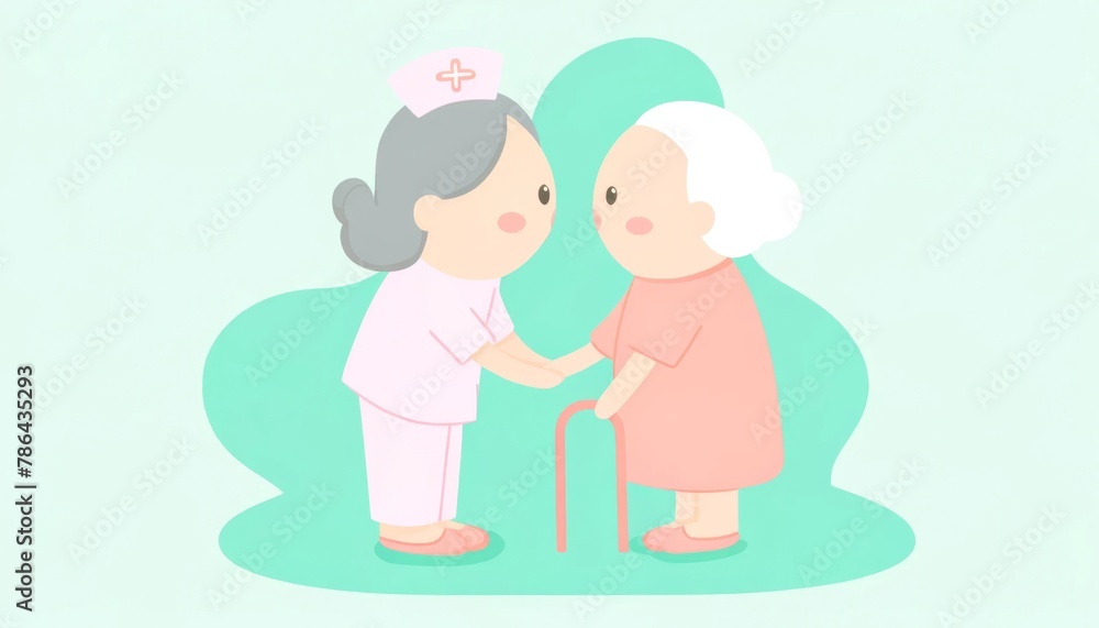 A soft illustration of a nurse assisting an elderly woman. A soft illustration of a nurse assisting an elderly woman.