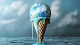 Melting Globe Earth Dripping Like Ice Cream Cone,Symbolic Climate Warning