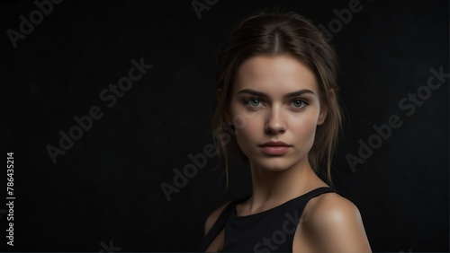 beautiful woman looking at camera serious on dark plain black background from Generative AI