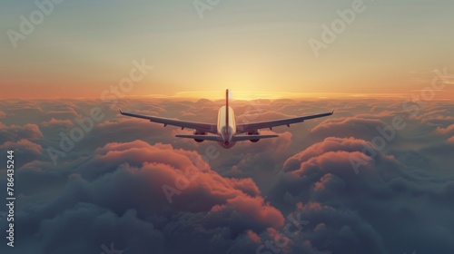 A airplane flying above the clouds at sunset,.