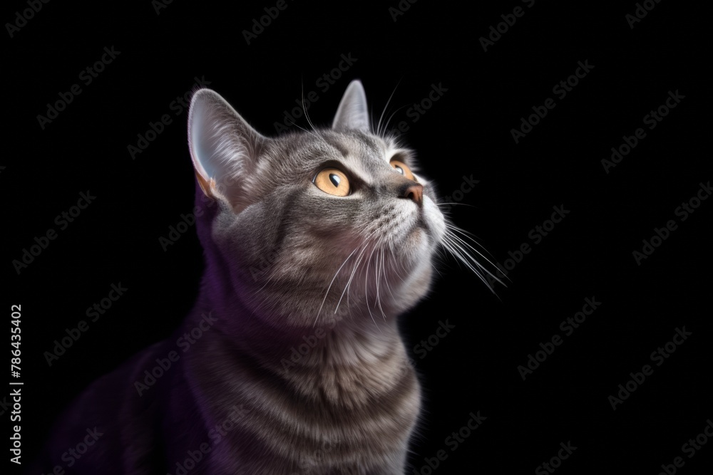 cat on a black background with a paw raised up. copy space cat on a black background with a paw raised up. copy space
