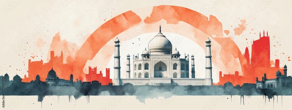 Double exposure minimalist artwork collage illustration featuring the Taj Mahal and the Agra cityscape.