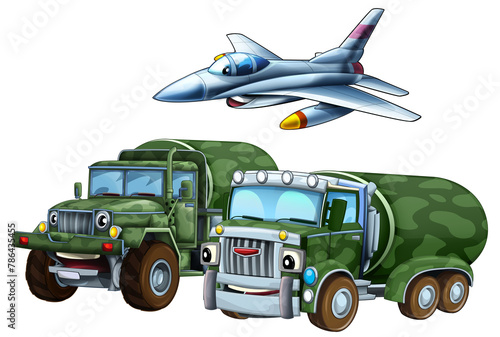 cartoon scene with two military army cars vehicles and flying jet fighter plane theme isolated background illustration for children