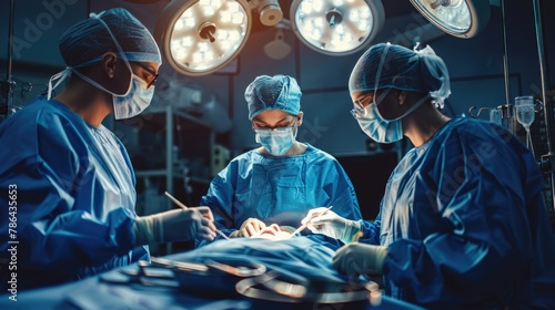A group of doctors in scrubs performing an surgical operation on patient.