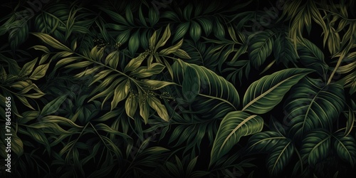 Tropical foliage in bright hues set against a dark backdrop.