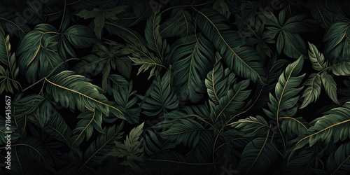 Tropical leaves in vivid colors forming a pattern on a dark background.